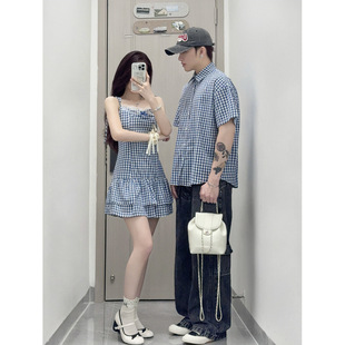 2025 Couple's New Arrival Sling Skirt Style Men's Plaid Short-sleeved Shirt Student Travel Retro