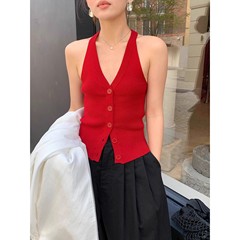 红色显白V领纽扣挂脖无袖针织背心女夏季外穿收副乳打底上衣吊带
