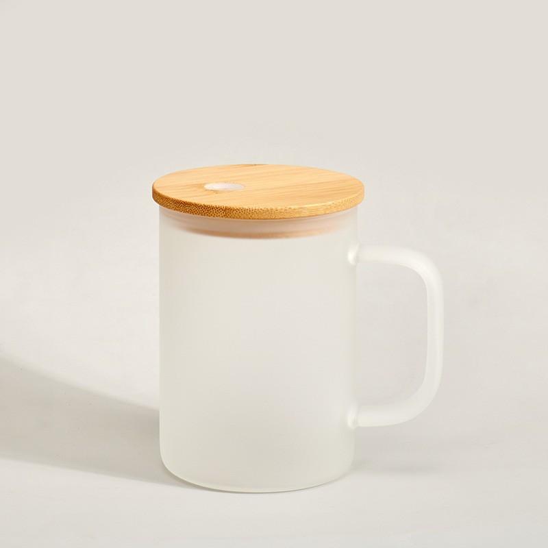 Taza de vidrio de transferencia de calor de 12oz de sublimación Taza de vidrio esmerilado Mason Taza de revestimiento Taza de vidrio con tapa de bambú