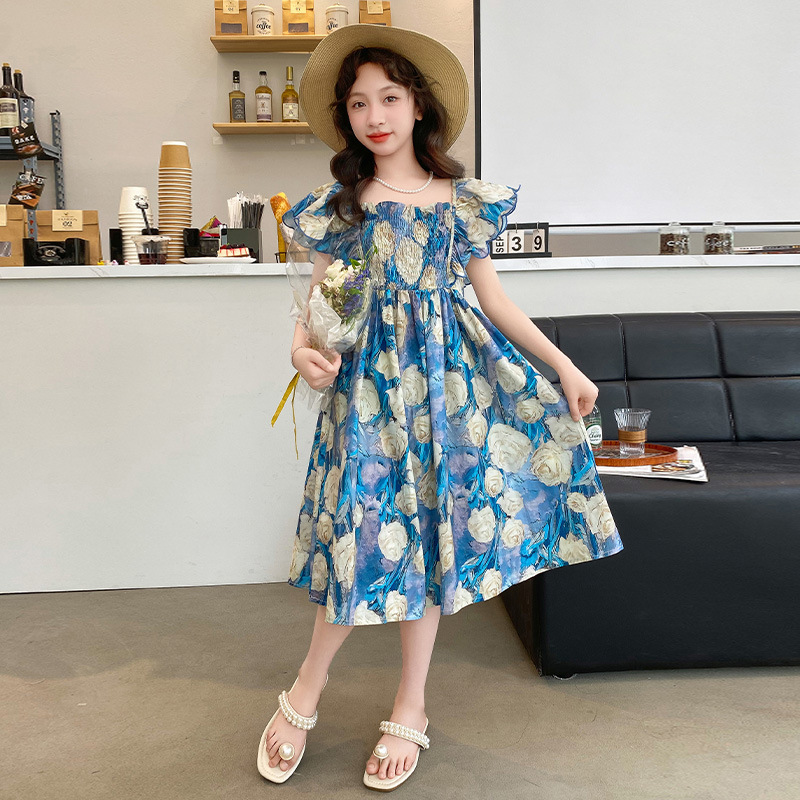 Girls' dress Summer New Children's Oil Painting Princess Dress Girls' Western Style Mid-length Floral Dress for Summer