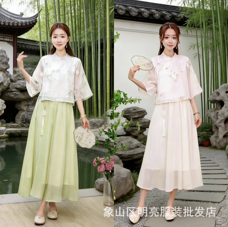 Spring and Summer New Style of Women's Clothing in the Republic of China, New Chinese Style Retro Tang Suit Embroidered Improved Han Dynasty Tea Suit Ethnic Style Suit for Women