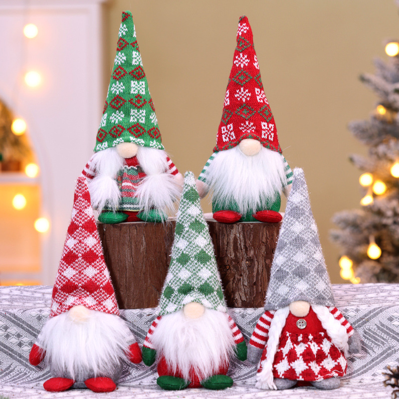 热卖圣诞节装饰品圣诞坐姿无脸娃娃鲁道夫玩偶针织地精桌面摆件