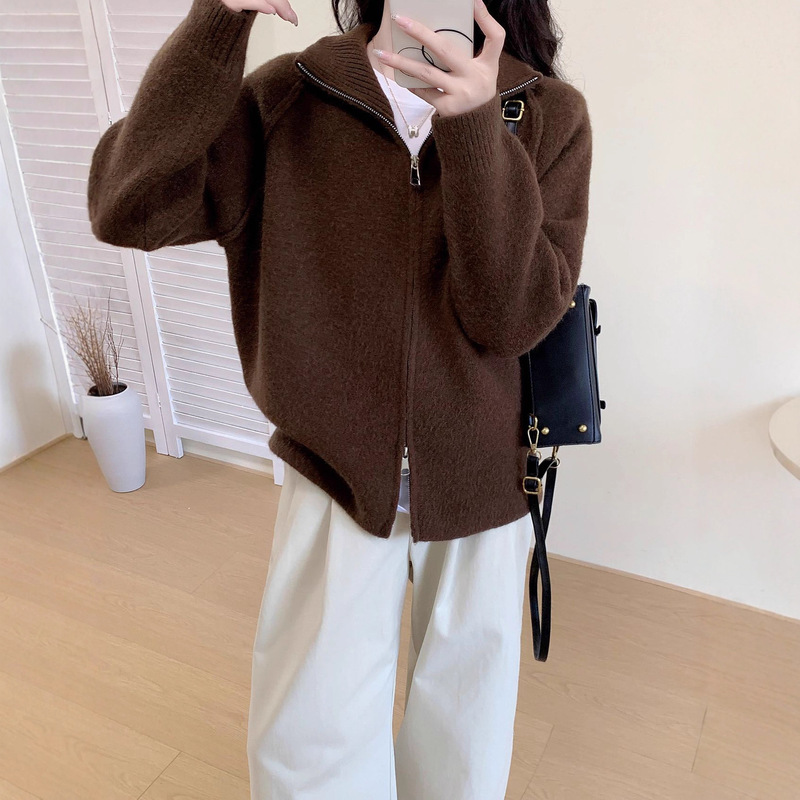韩版经典毛衣外套秋冬新品女装高级感宽松简约拉链针织开衫上衣|undefined