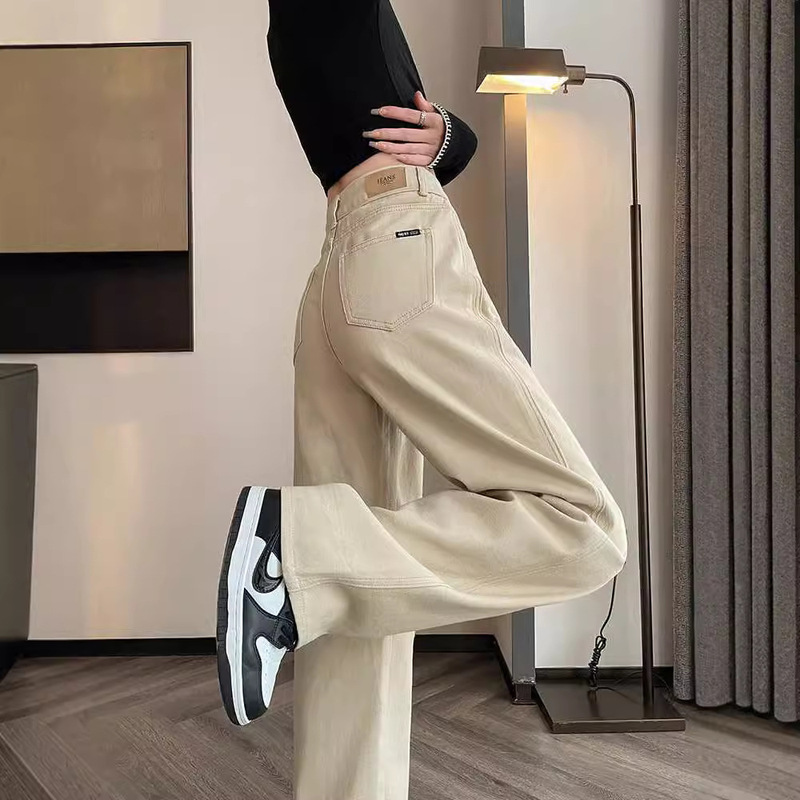 Khaki Wide-Leg Pants for Women, Spring and Autumn 2025 New Style, High-Waisted, Slim Fit, Drapey, Petite Denim Straight-Leg Pants