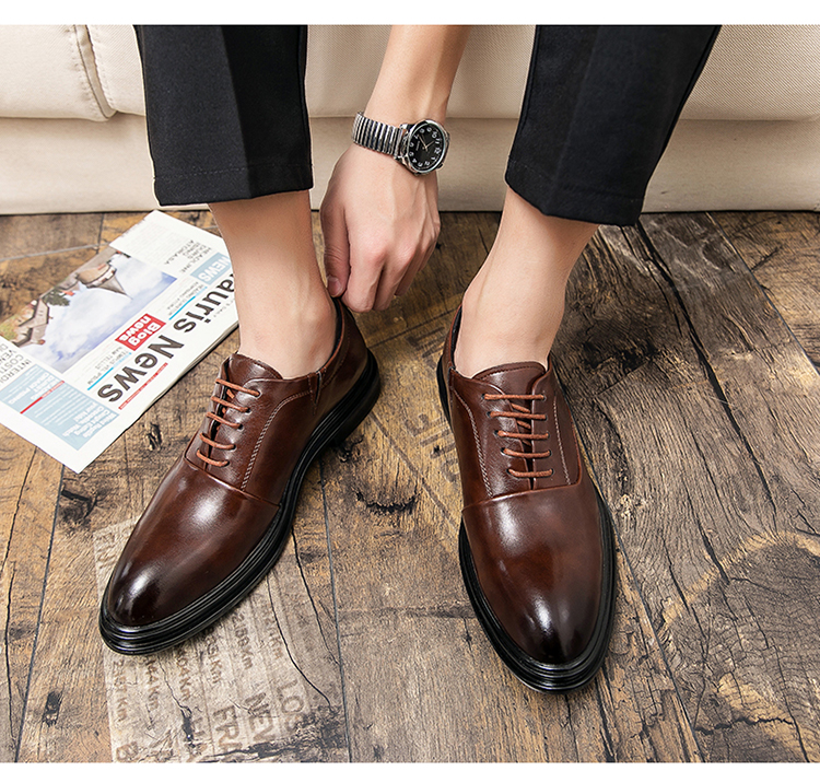 ShoeVault Large Size Men's Leather 2025 New Spring British Business Formal Groom Wedding Brown Pointed Derby Shoes_voghion.com