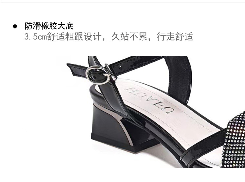 Sandal cao gót nữ quai ngang đính đá pha lê, gót vuông ổn định, chất da thật — Màu đen chi tiết 9