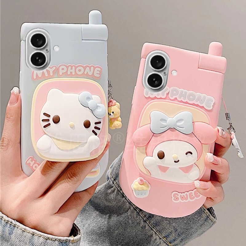 Hello Kitty Melody Little Genius Phone Case Suitable for Apple 16 17 Pro, 15 Pro Max with Makeup Mirror, 14 Plus