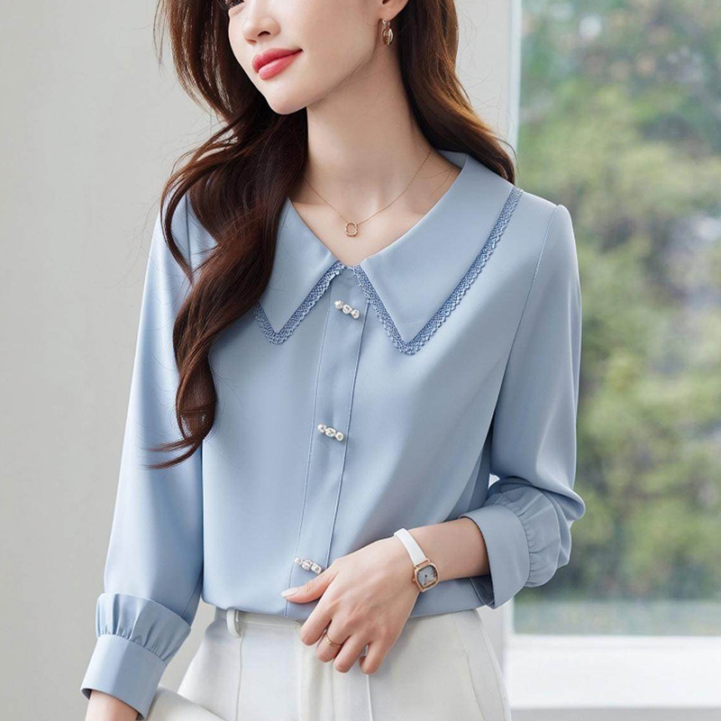 2026 Spring New Style Women's Fashionable Doll Collar French Beaded Lace Shirt Long-Sleeve Chiffon Blouse Top