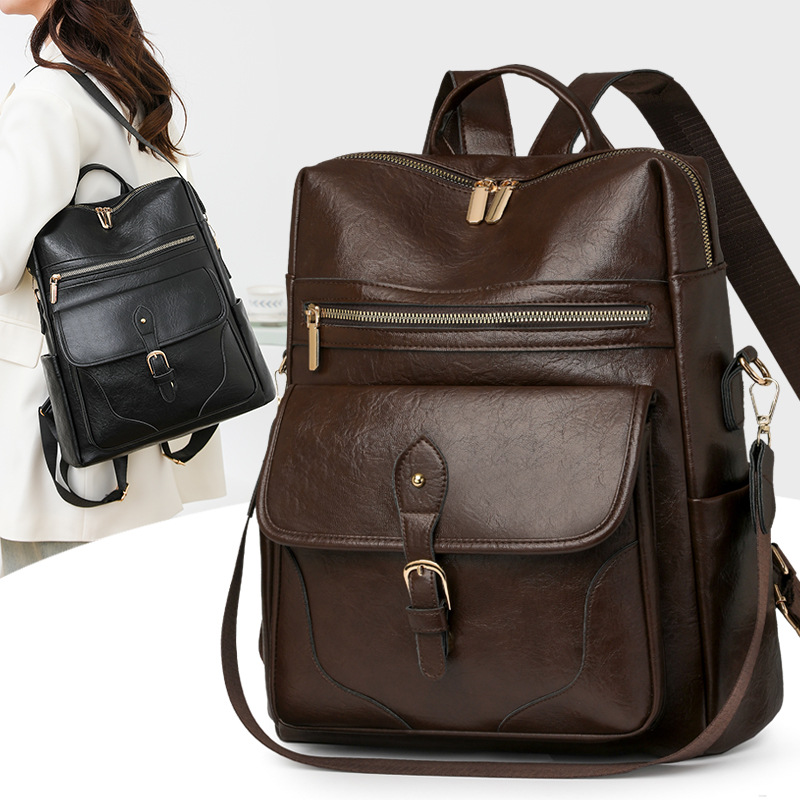 2025 nueva mochila de cuero suave para mujer retro europea y americana, mochila multifuncional de gran capacidad de moda