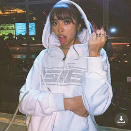 2025欧美秋冬新款连帽衫圆领宽松字母烫钻拉链开衫卫衣加绒