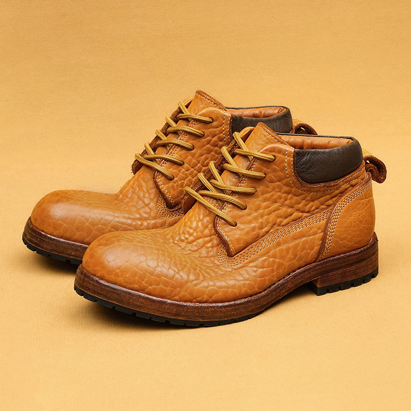 【Goodyear Embossed Design】Men's Martin Boots in Bison Leather with Crocodile Pattern Embossing and Genuine Leather Sole, Work Boots in Yellow