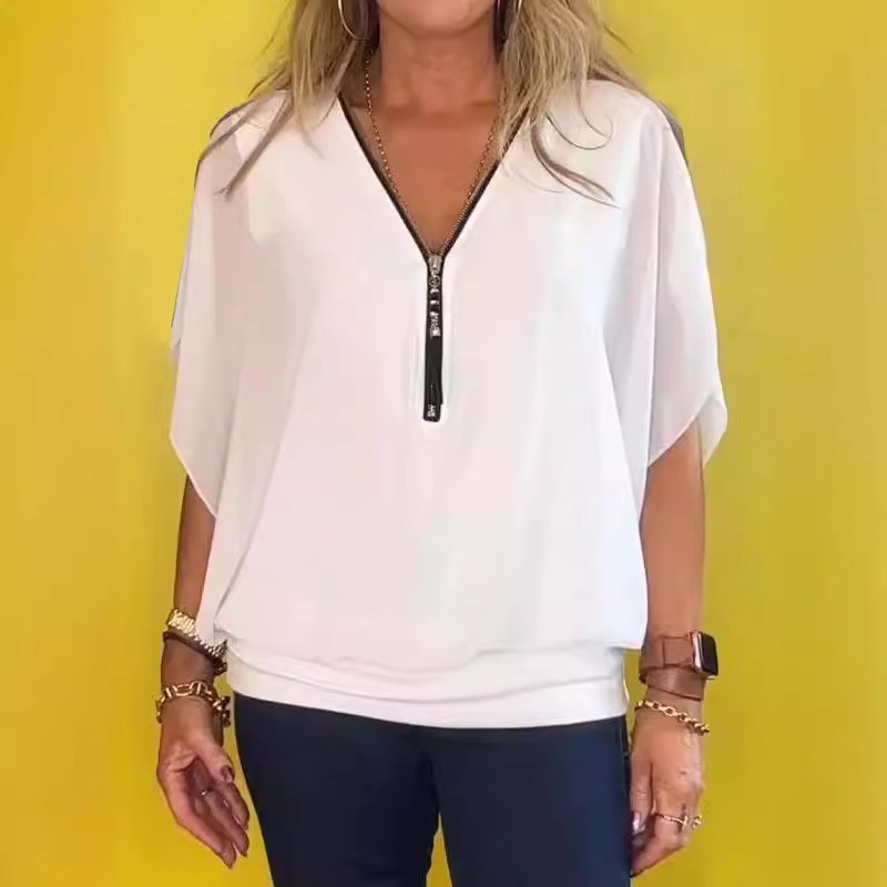 Chiffon Half-Zip Casual Shirt Women's High-End 2025 Cross-Border Amazon Summer Loose T-Shirt Top Shirt