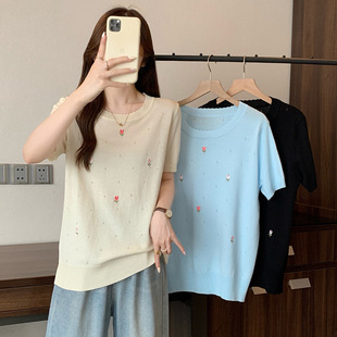 Real Shot of Plus Size Women's Clothing 2025 Summer New Loose Embroidered Knitted Tops Fat mm Versatile Ice Silk Short-Sleeved T-Shirts
