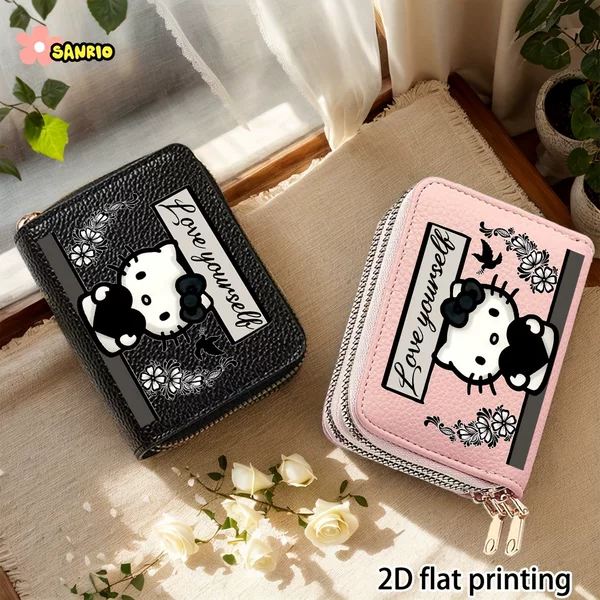 Vintage-style short wallet with lychee pattern, double zipper, multiple card slots, cute and portable coin purse for students