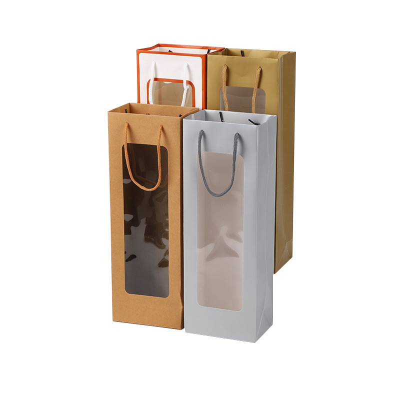Bolsa de vino con ventana transparente – bolsa de papel kraft con asa para regalo, flores o vino