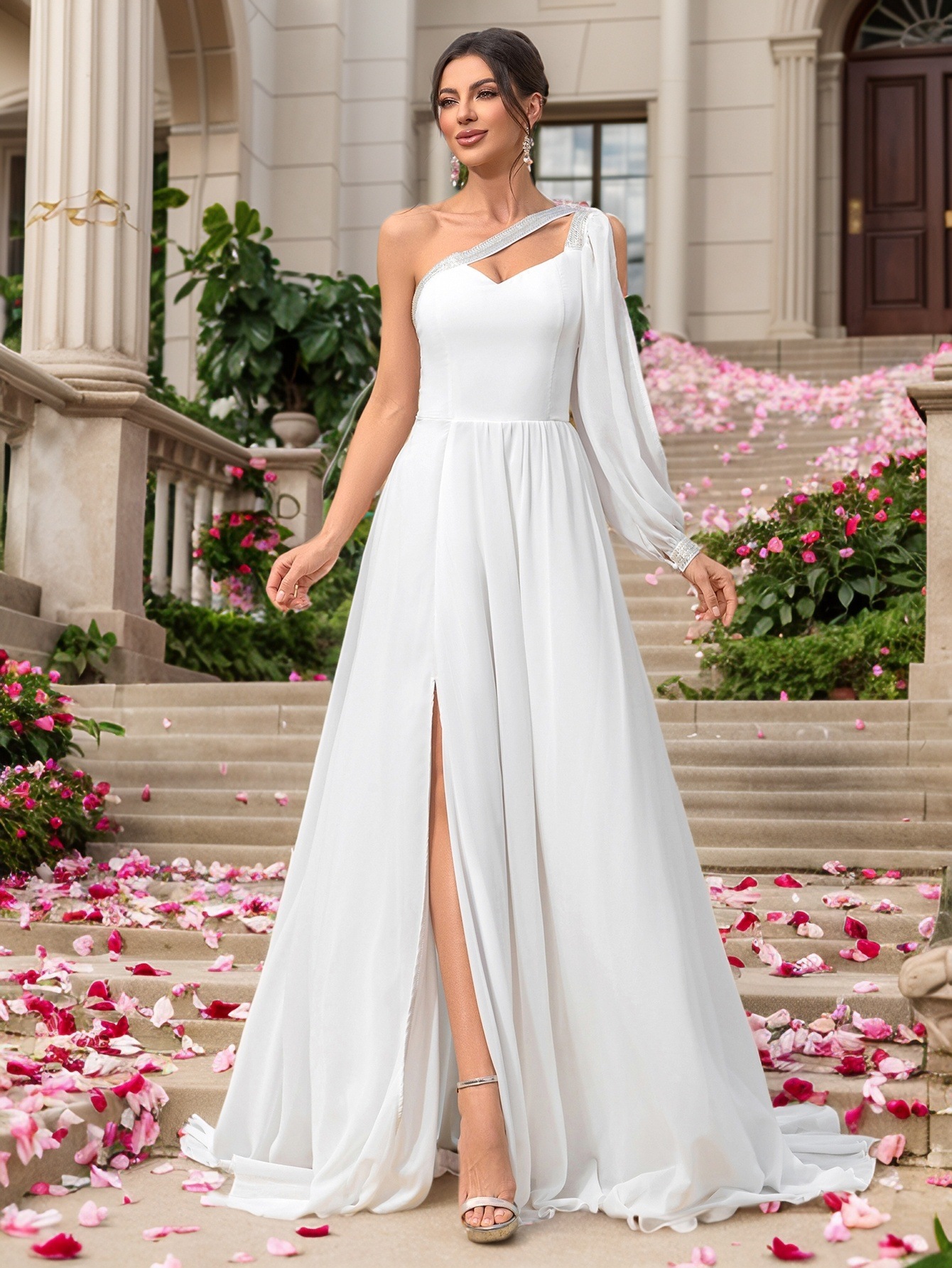 Vestido de comercio exterior europeo y americano nuevo vestido de gasa de un solo hombro banquete boda boda vestido de noche vestido de dama de honor