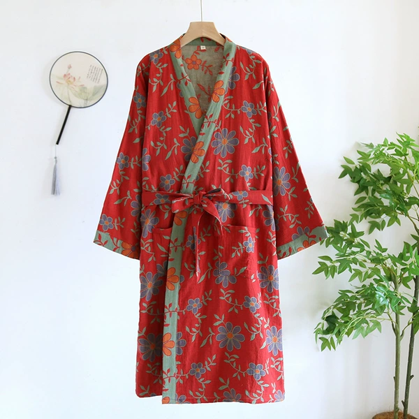 Yarn-dyed jacquard lace kimono robe red sunflower