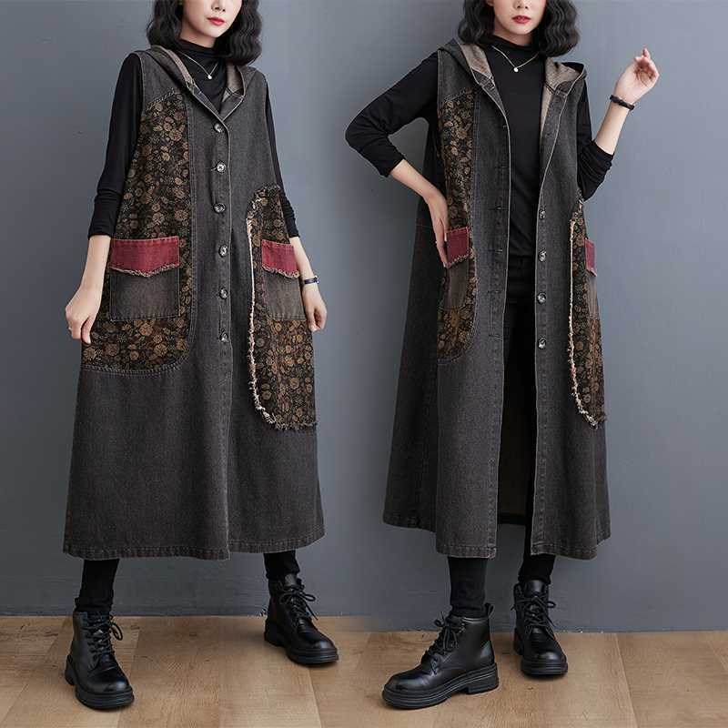 Real shot vintage wash water plus size Denim coat 2024 autumn casual loose Denim long vest coat