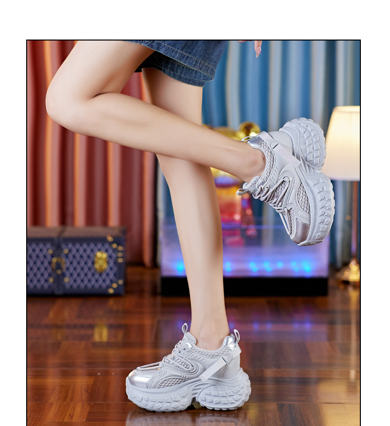 Giày sneaker nữ chunky đế dày độn cao, mặt lưới thoáng khí mùa hè thu — Màu be chi tiết 10