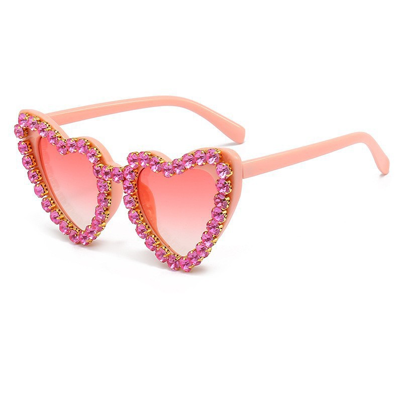 Lunettes de soleil pour homme en forme de cœur, couleur pêche, élégantes et printanières, protection UV, ornées de strass. Accessoire de mode de haute qualité._voghion.com
