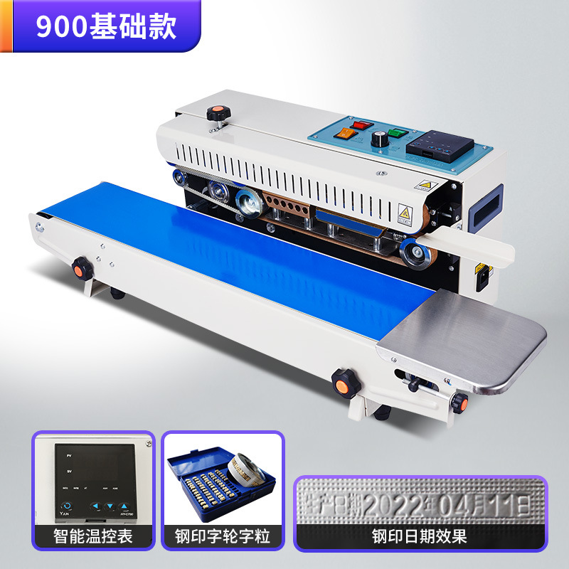 Máquina de sellado continuo automático para bolsas de aluminio comerciales de té, bolsas de papel y plástico, máquina de sellado térmico, fecha de impresión de acero, fecha de impresión de tinta