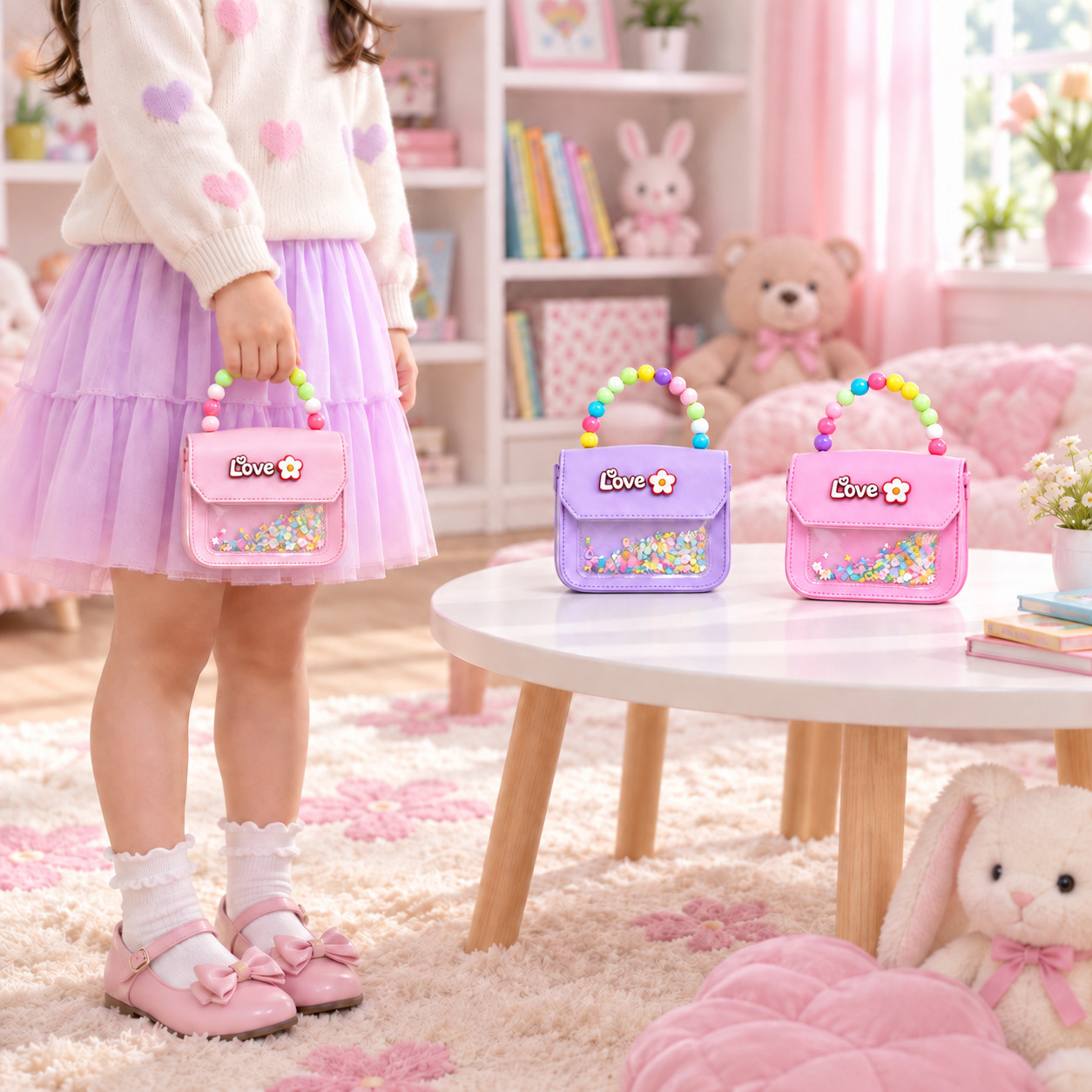 Cross-border children's shoulder bag, trendy small square bag, cute cartoon design, Korean style, unique pearl-embellished handbag, can be carried by hand or slung across the body