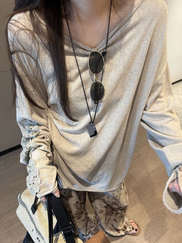 女性用の古いカールオフショルダー長袖Tシャツ、かぎ針編み刺繍、中空ステッチ、レイジープルオーバートップ|undefined