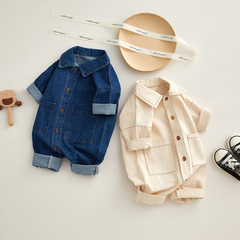 嬰兒周歲牛仔連體衣秋季款長袖工裝風百日拍照牛仔哈衣寶寶爬服潮