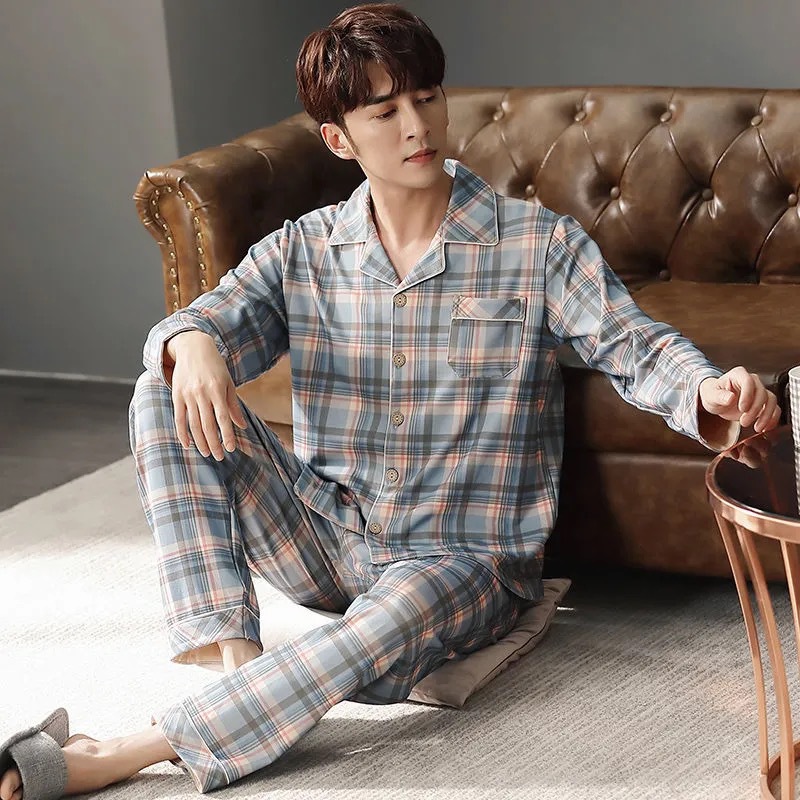 Pijamas de manga larga de los hombres de primavera y otoño de algodón cardigan casual Plaid elegante de los hombres desgaste del hogar de Otoño de algodón más traje de tamaño