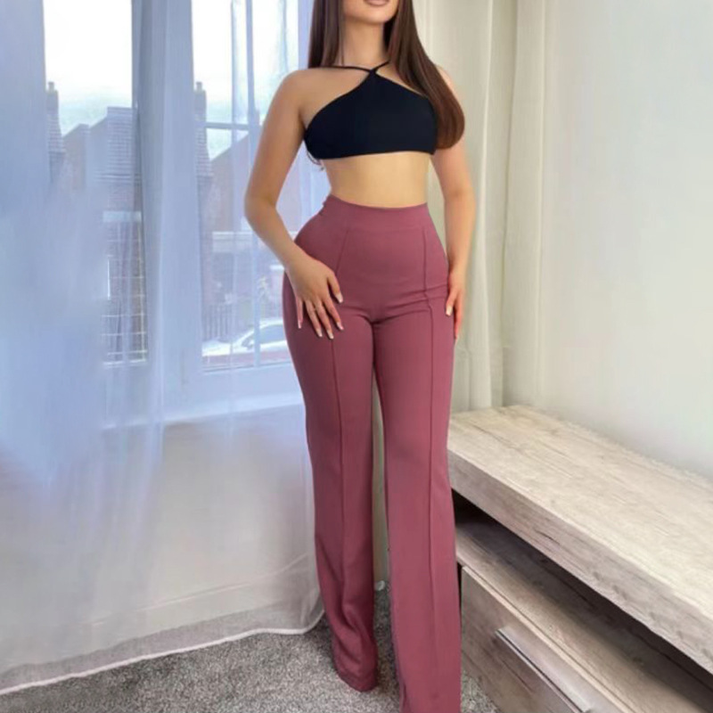 Dames broek hoge taille flared wijde pijpen elastisch_voghion.com
