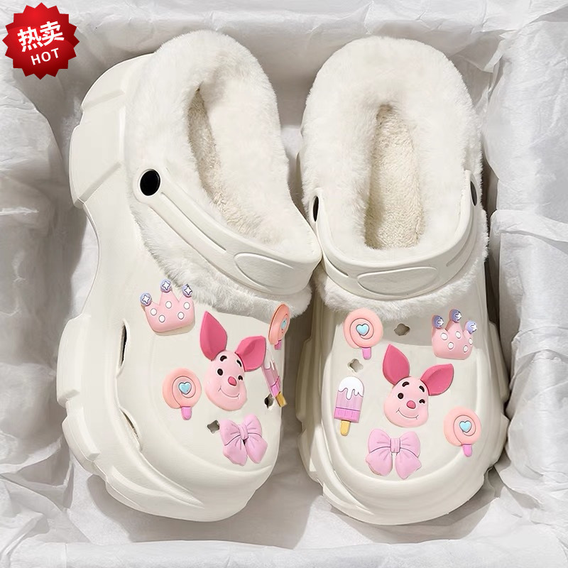 Healing department-fleece-lined hole shoes women's winter 2023 new style inner container detachable thick-soled heightening office cotton slippers