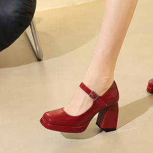 9613-2 French style fashionable thick heeled women's shoes with square toe, shallow mouth, straight buckle, waterpr