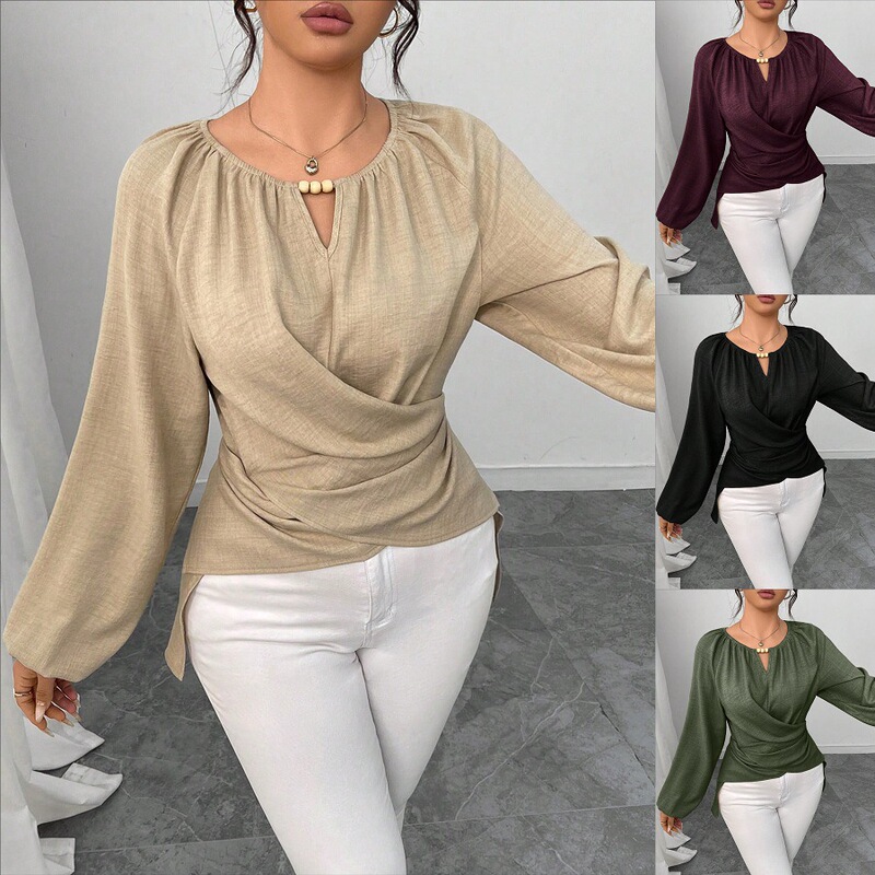 2026 Cross-Border Foreign Trade Women's Beaded Wrap-Style Waist-Cinching Shirt V-Neck Beaded Cross-Pleated Long-Sleeve Top