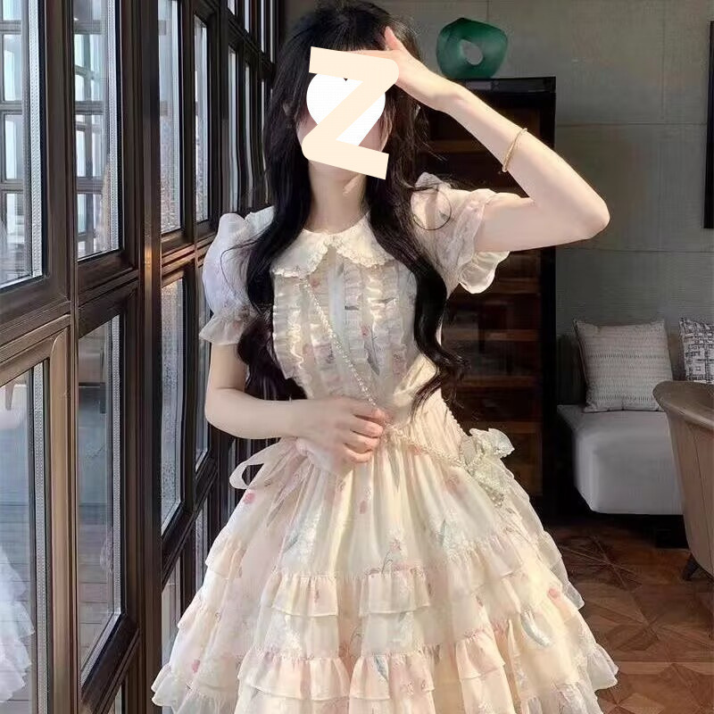 娃娃领甜美可爱小清新连衣裙夏季初中高中学生洛丽塔蝴蝶结连袖裙