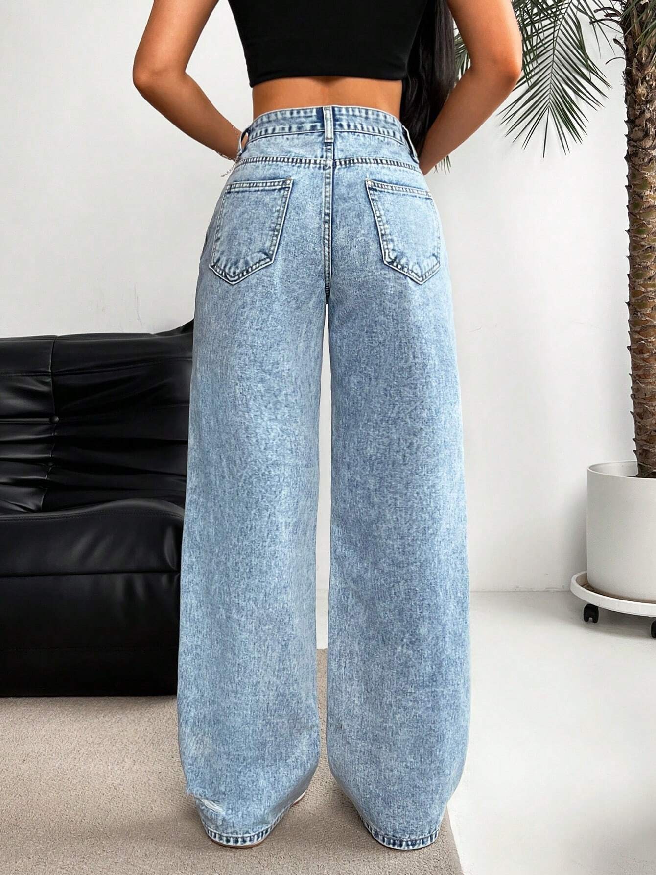 ​​Women's Relaxed Fit Straight Leg Jeans - Vintage Washed Denim, Wide Leg Comfort, Street Style Casual Pants For Everyday Wear​​_ecoleips.com