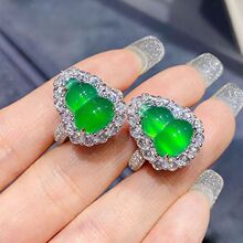 批发镀银镶嵌绿玉髓葫芦女款戒指绿玛瑙玉石新款女戒直播货源饰品