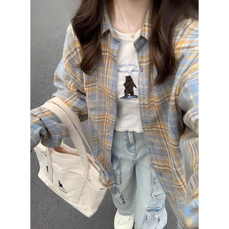 2025新款春秋薄款长袖衬衫女法式复古格子外套设计感小众宽松衬衣|undefined