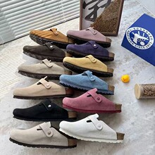 桑坡全牛皮勃肯包头半拖鞋女春秋外穿真皮软木足弓支撑彩色博肯拖