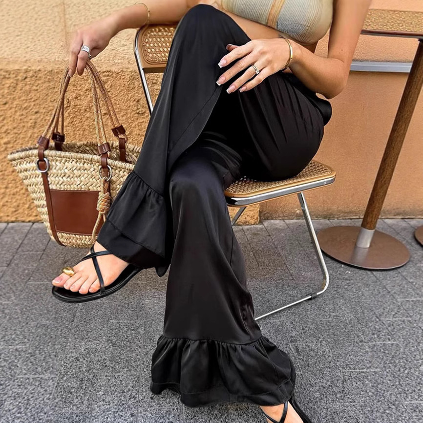 Design Sense Black Flared Pants Women's Summer 2025 Street Thin High Waist Satin Wide Leg Casual Pants Women's Clothing