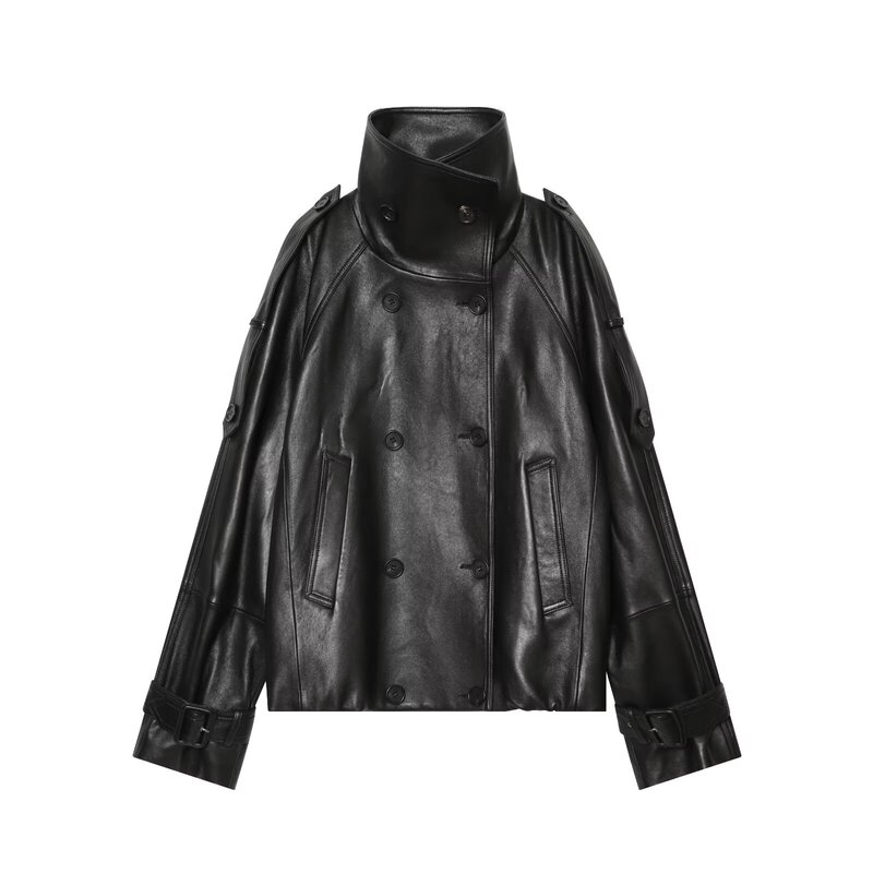 Za Foreign Trade Wholesale European and American Style Women's Fashion Simple and Versatile Double-Breasted Lapel Leather Jacket for Commuting