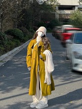 姜黃復古芥末色名媛氣質大衣女2022年秋冬新款中長款顯白毛呢外套