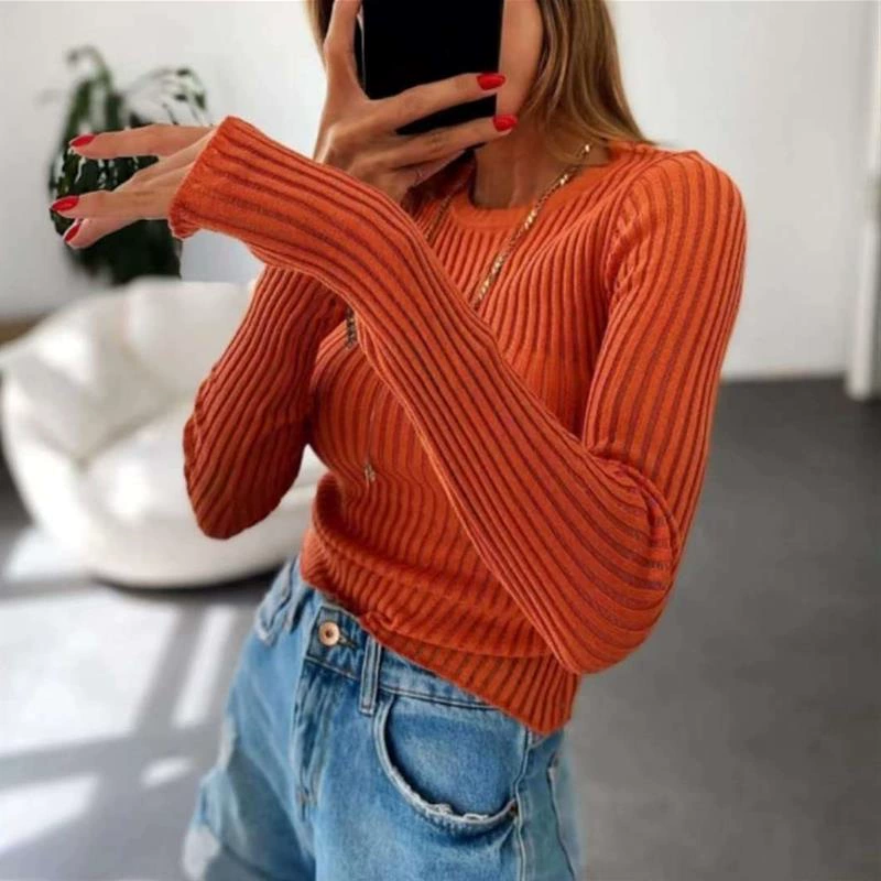 Top color sleepe neck knitted long women Solid round