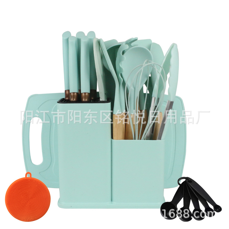 Cuchara de silicona con mango de madera, juego de utensilios de cocina, combinación de cuchillos, cuchara resistente a altas temperaturas, sartén antiadherente, cubo de almacenamiento, juego de 25 piezas para el hogar