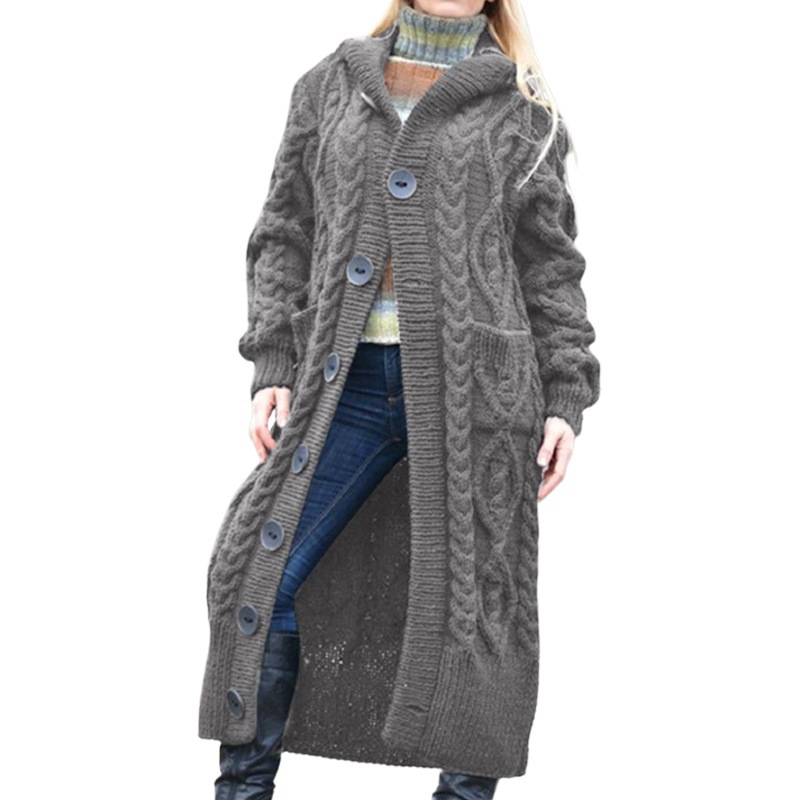 Suéter Largo de Punto con Botones y Capucha para Mujer, Color Sólido, Estilo Cardigan, Novedad Otoño-Invierno 2025, Comercio Exterior Transfronterizo, Amazon