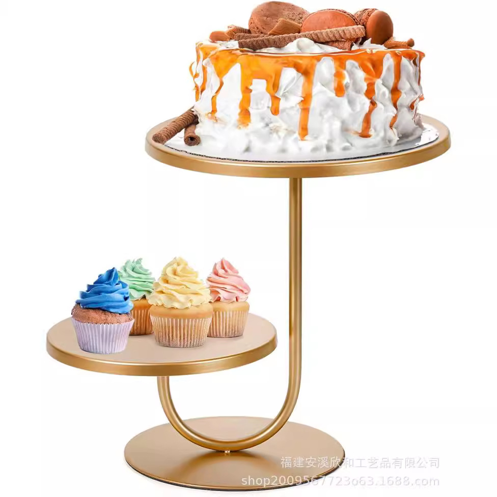 Fiesta de exhibición de pastel de hierro estante de exhibición de pastel de arte estante de exhibición de arena amarillo transfronterizo amarillo dorado redondo doble capa