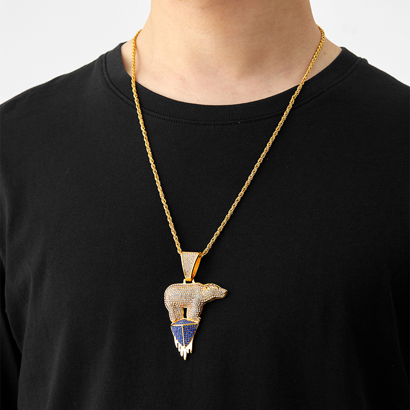 Polar Bear Diamond Pendant Necklace With Cuban Chain For Unisex_voghion.com