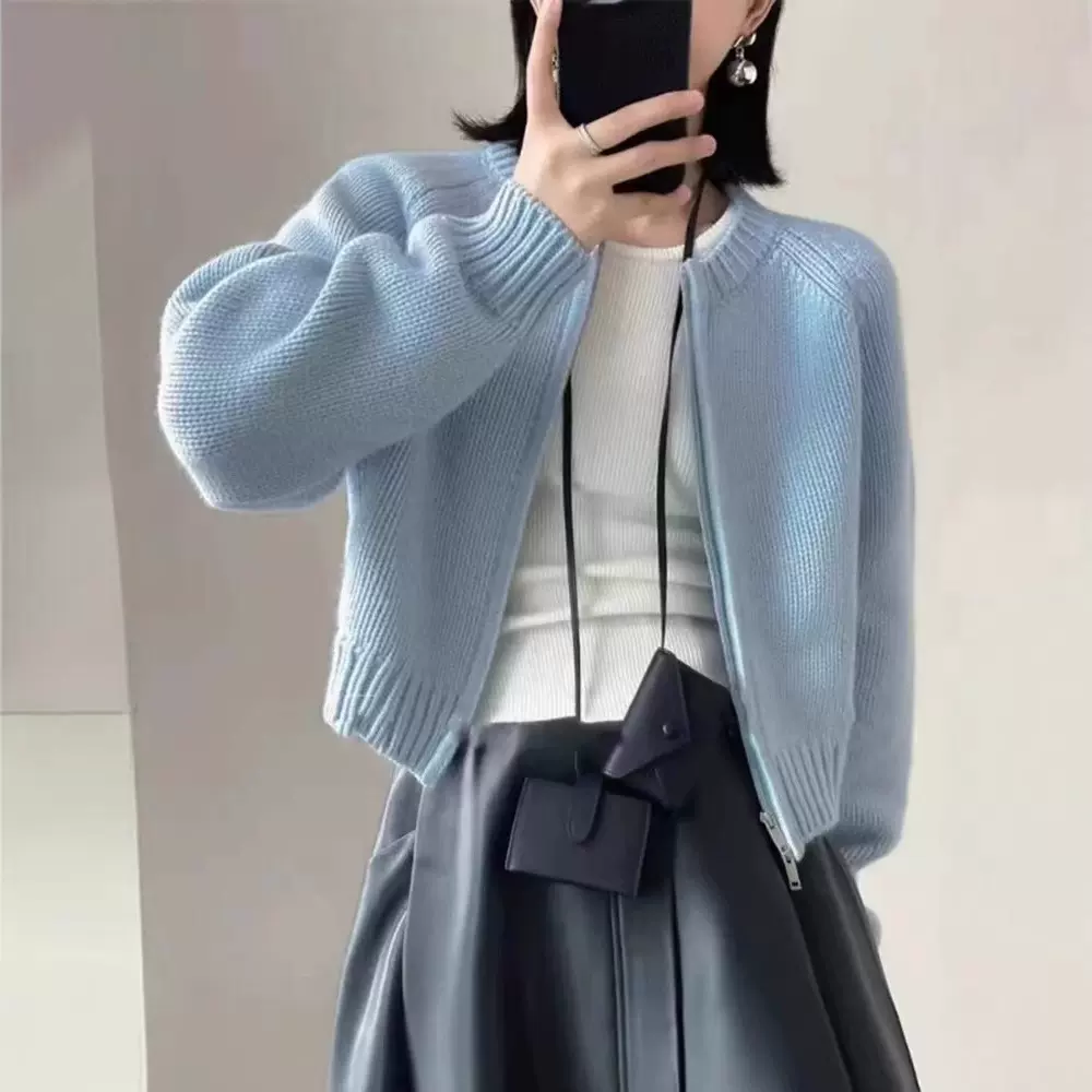 秋冬加厚100羊毛衫女圆领开衫毛衣外套宽松针织外搭插肩袖羊绒衫