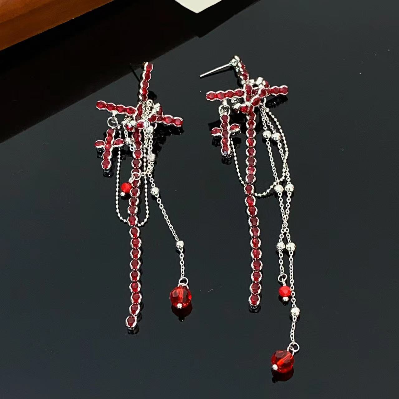 個性設計感紅色滿鑽十字架流蘇耳環女小眾高級感氣質個性百搭耳飾