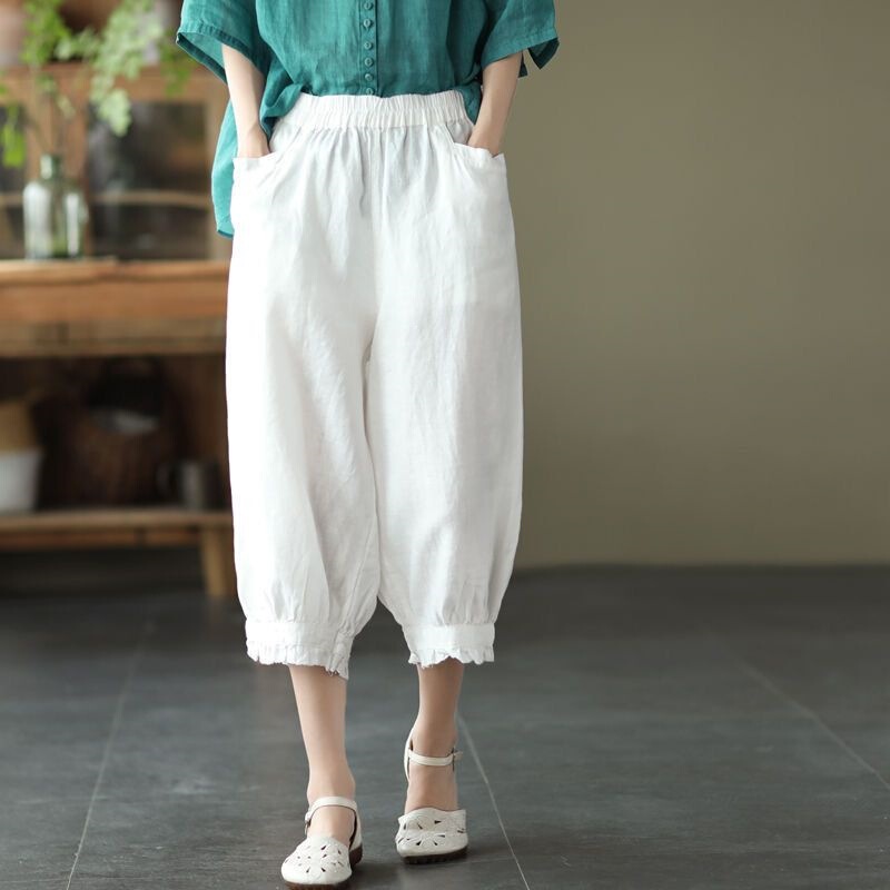 2026 Summer Thin Loose Pure Cotton Women's Cropped Pants with Elastic Waist, Slimming Casual Versatile Harem Pants