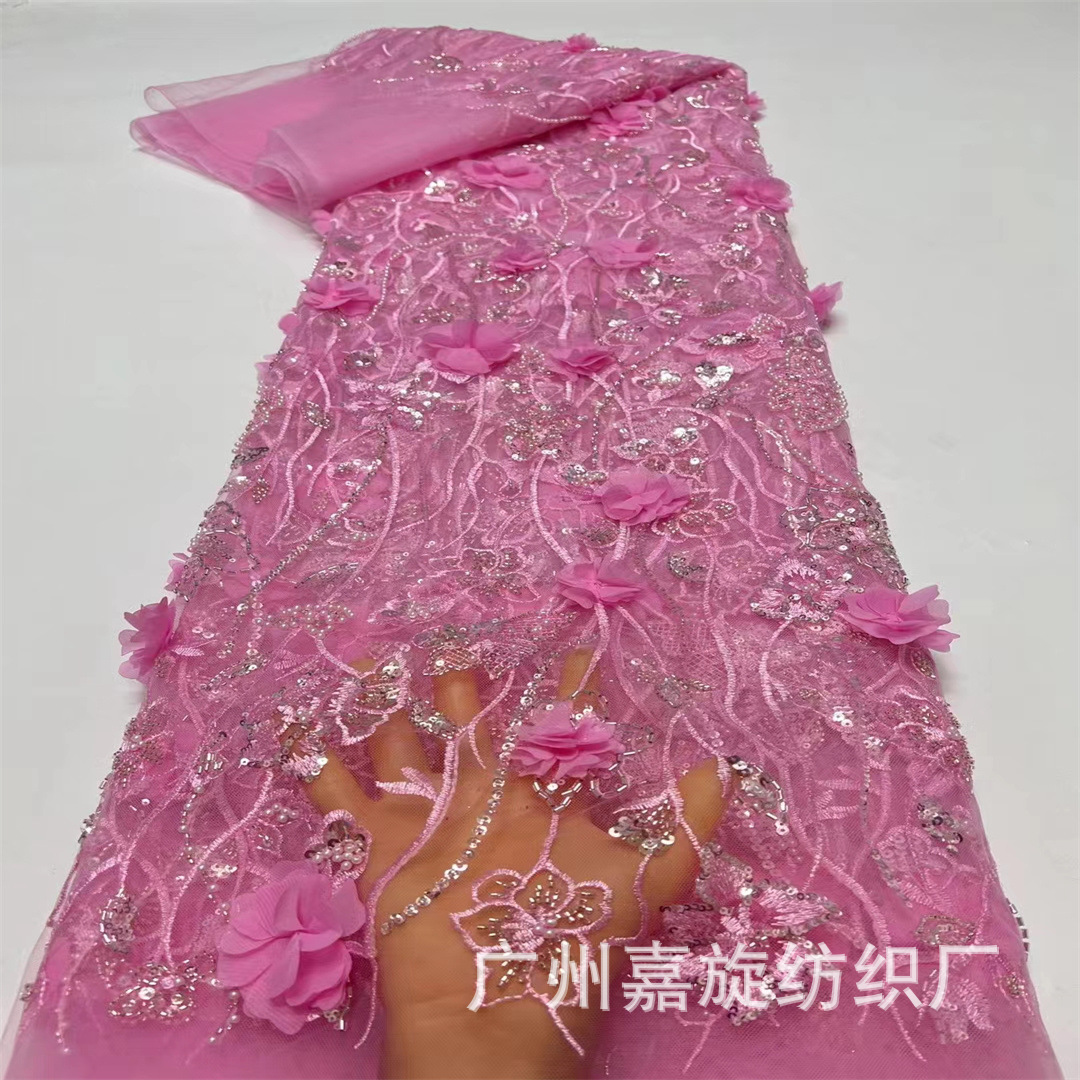 Burbuja rosa esquinilla tela de gaza de malla de encaje tridimensional chiffon flor de tubo de perlas vestido de boda tela de ropa